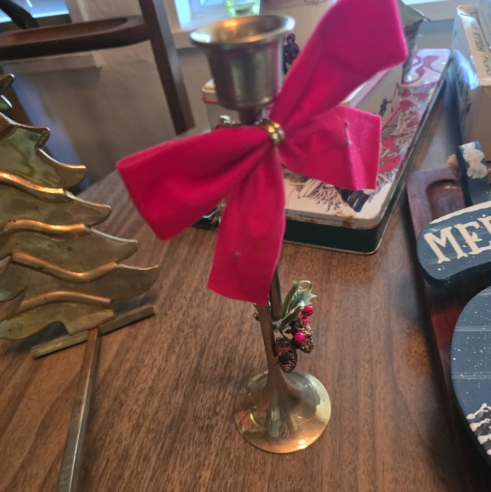 Brass trumpet Christmas candle holder